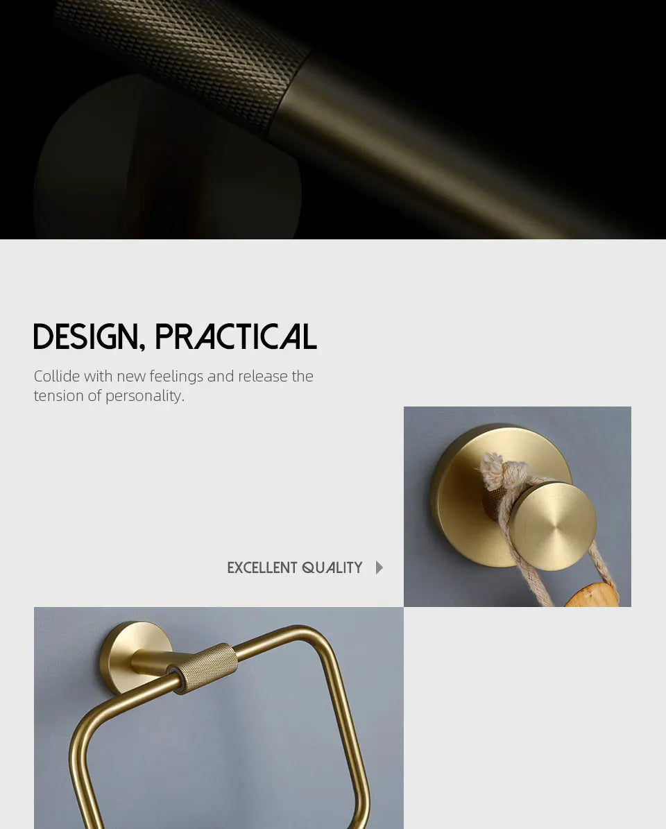 Bathroom Hardware Accessories Set Brushed Gold Knurled Brass Kit Towel Bar Ring Robe Hook Paper Holder Towel Ring Toilet Brush