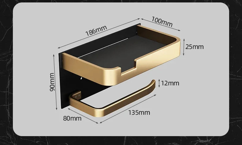 Black Gold Toilet Paper Holder Bathroom Wall Mount Multifunction WC Paper Phone Holder Shelf Towel Roll Shelf Accessories