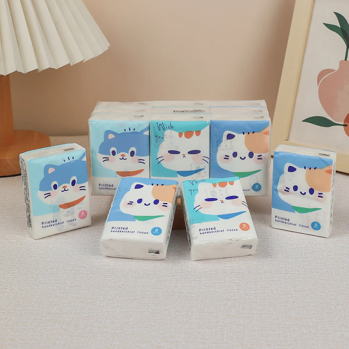 9pcs/pack Fashionable Lucky Cat Handkerchief Paper Student Portable Small Pack Cartoon Printed Hand Tissue For Daily Cleaning