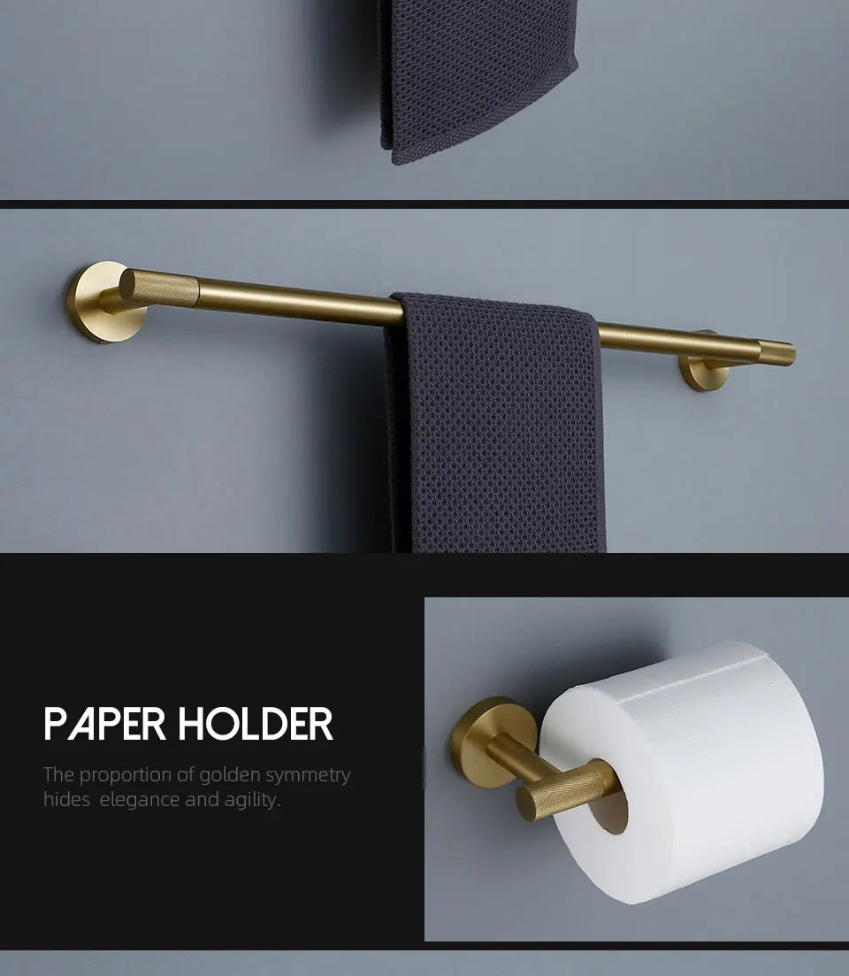 Bathroom Hardware Accessories Set Brushed Gold Knurled Brass Kit Towel Bar Ring Robe Hook Paper Holder Towel Ring Toilet Brush