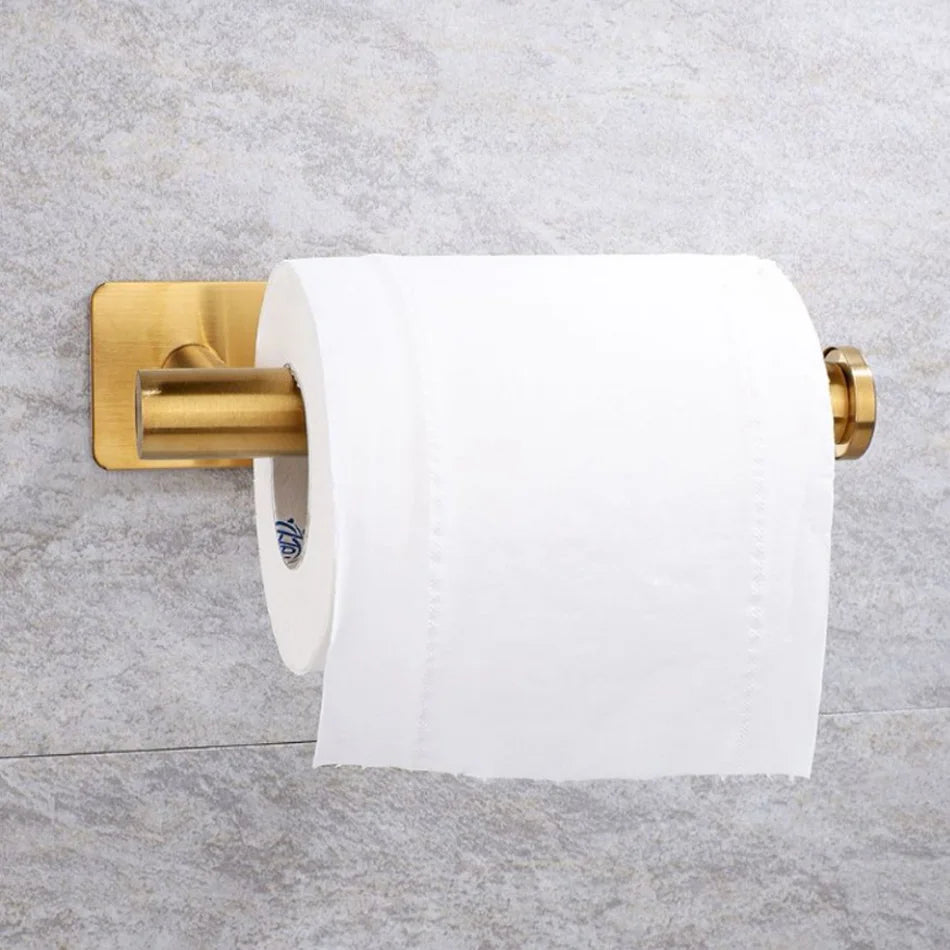 Stainless Steel Paper Holder White Adhesive Wall Mount Stand Kitchen Bathroom Toilet Paper Towel Tissue Roll Shelf Brushed Gold