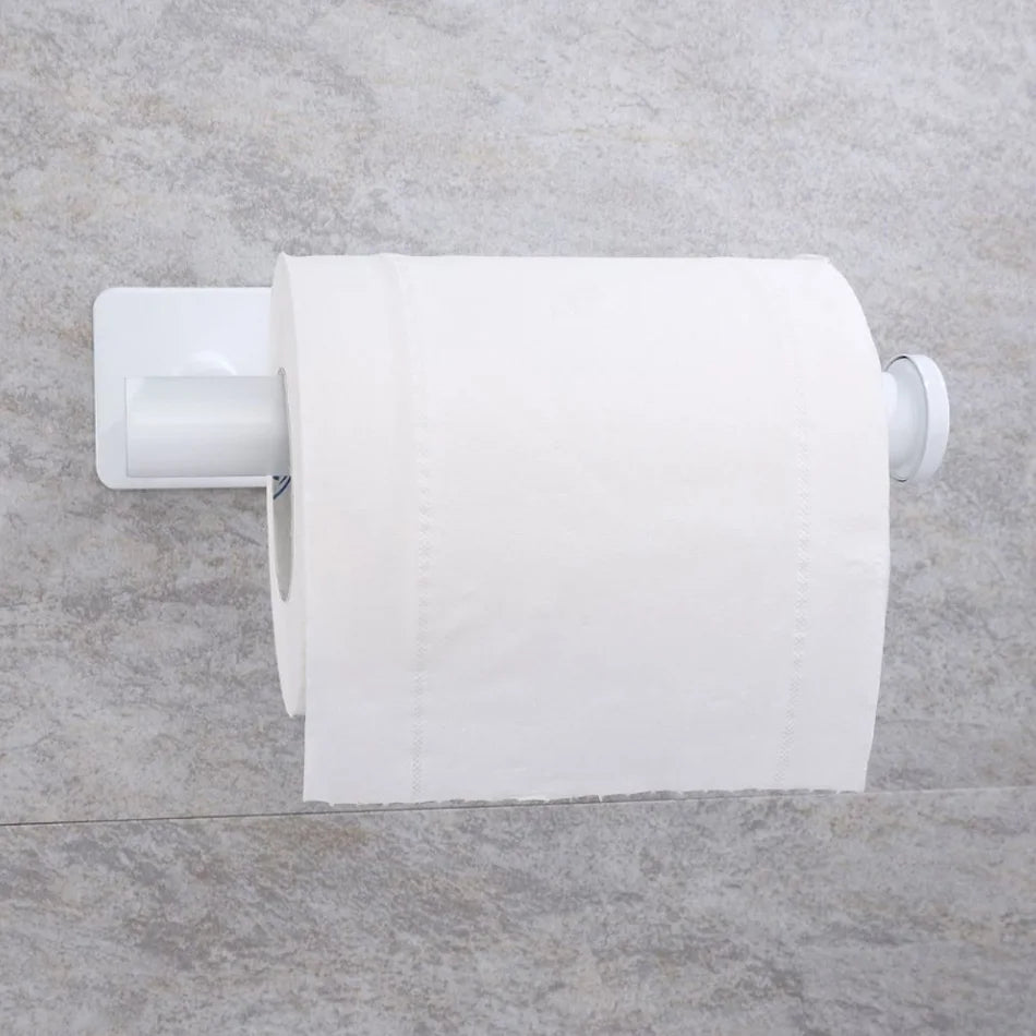 Stainless Steel Paper Holder White Adhesive Wall Mount Stand Kitchen Bathroom Toilet Paper Towel Tissue Roll Shelf Brushed Gold