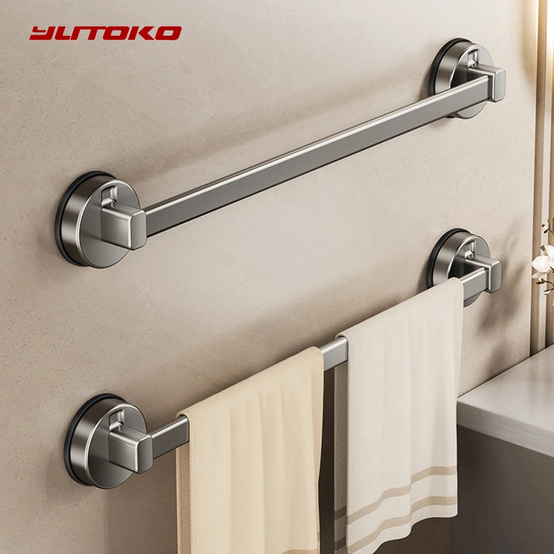 YUTOKO Bathroom Suction Cup Towel Rack Non-perforated Storage Rack Wall-mounted Single-rod Bath Towel Storage Rack