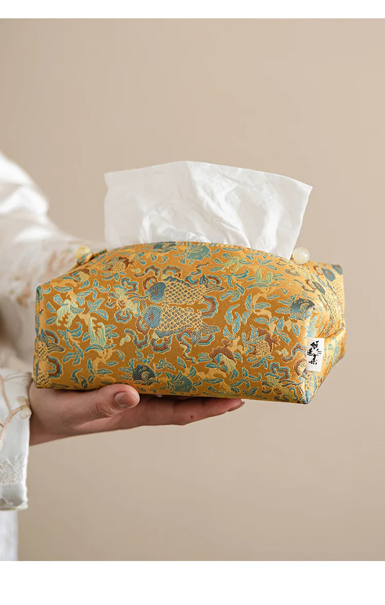 New Chinese Brocade Embroidery Fabric Tissue Box, Living Room Car Pumping Box, Tea Room Tissue Storage Box, Tissue Storage Bag