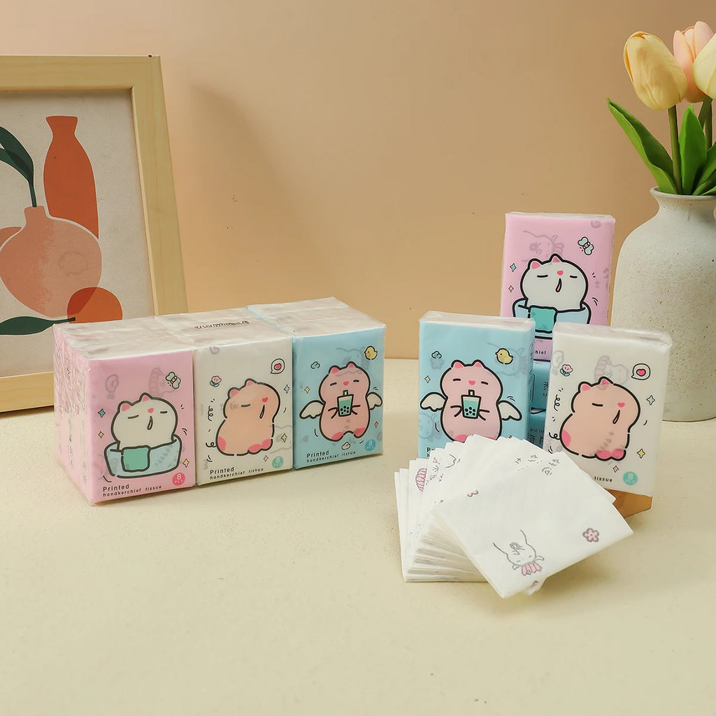 9pcs/pack Fashionable Lucky Cat Handkerchief Paper Student Portable Small Pack Cartoon Printed Hand Tissue For Daily Cleaning