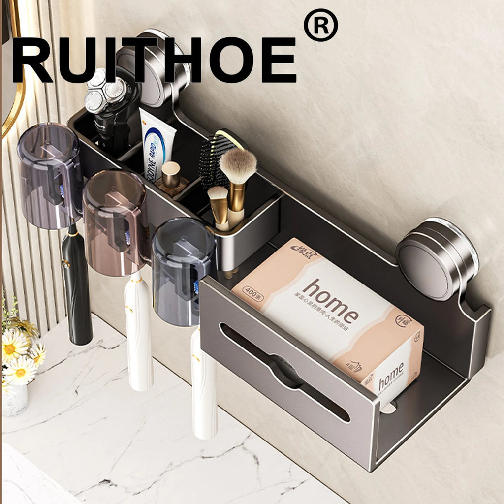 Suction Cup Toothbrush Holder With Paper Towel Holder Bathroom Shelf Mouthwash Cup Toothbrush Holder