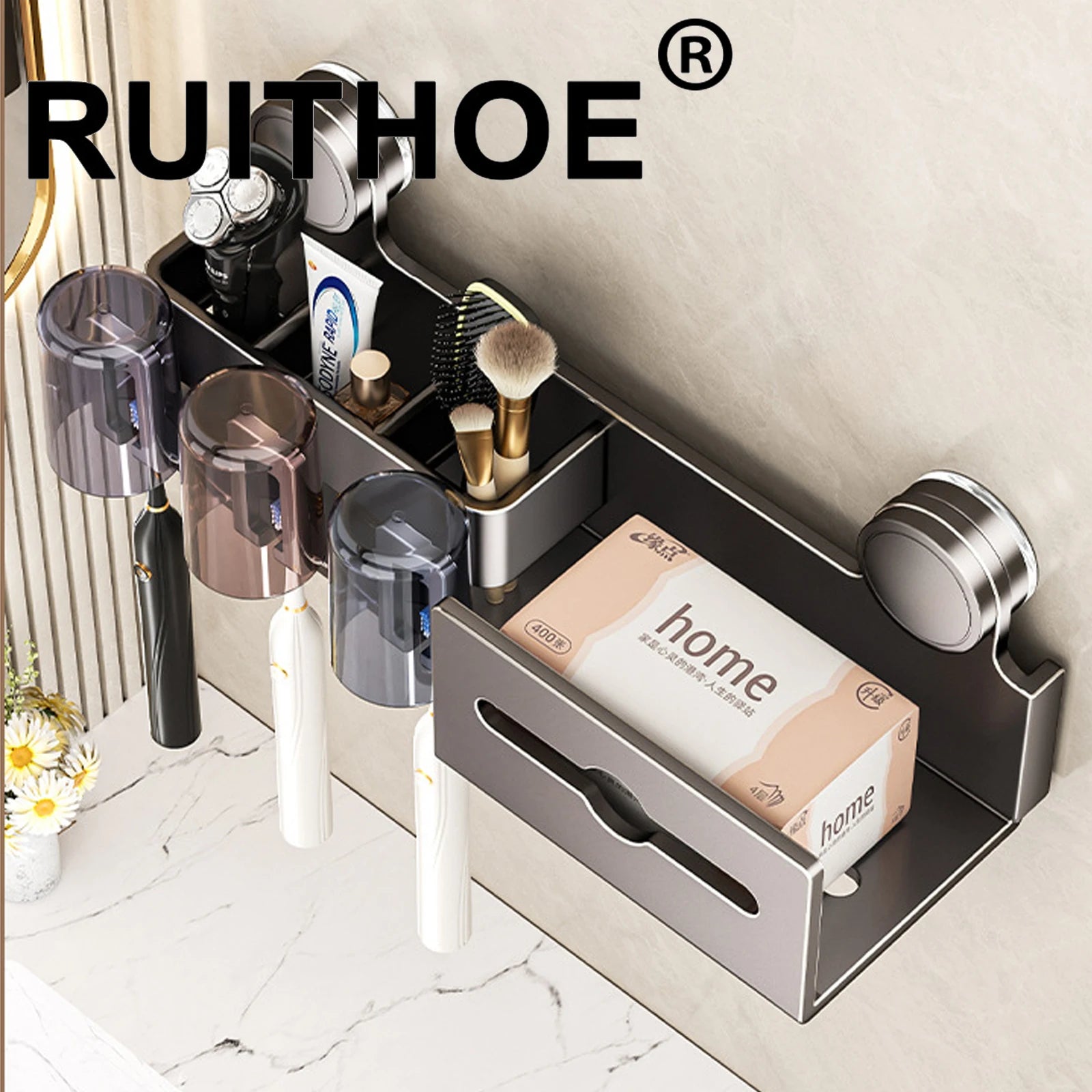 Suction Cup Toothbrush Holder With Paper Towel Holder Bathroom Shelf Mouthwash Cup Toothbrush Holder