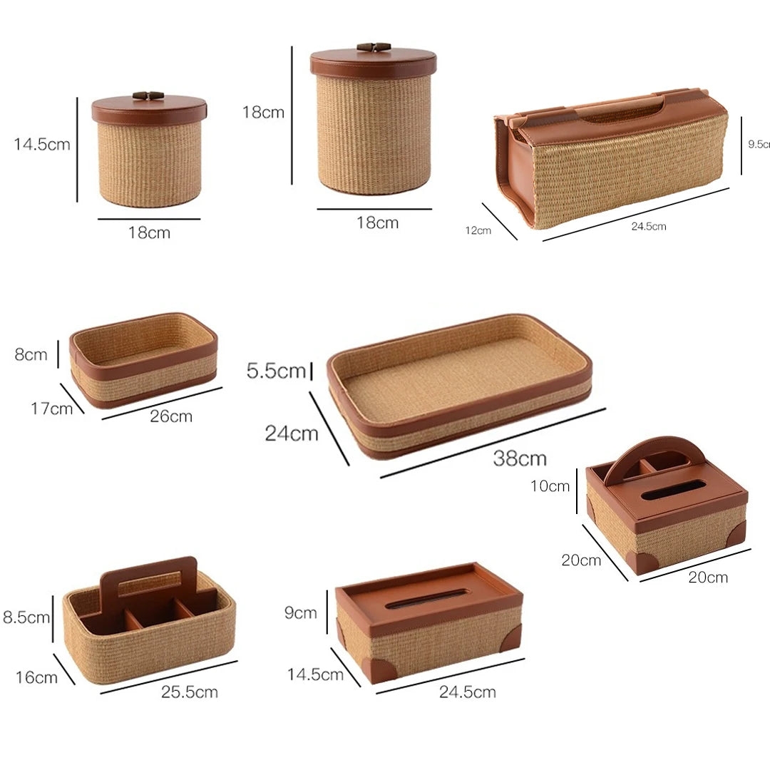 Seagrass Leather Napkin Holder Handwoven Tissue Storage Box French Style Elegant Table Decor Home Organizer Straw Wicker Design