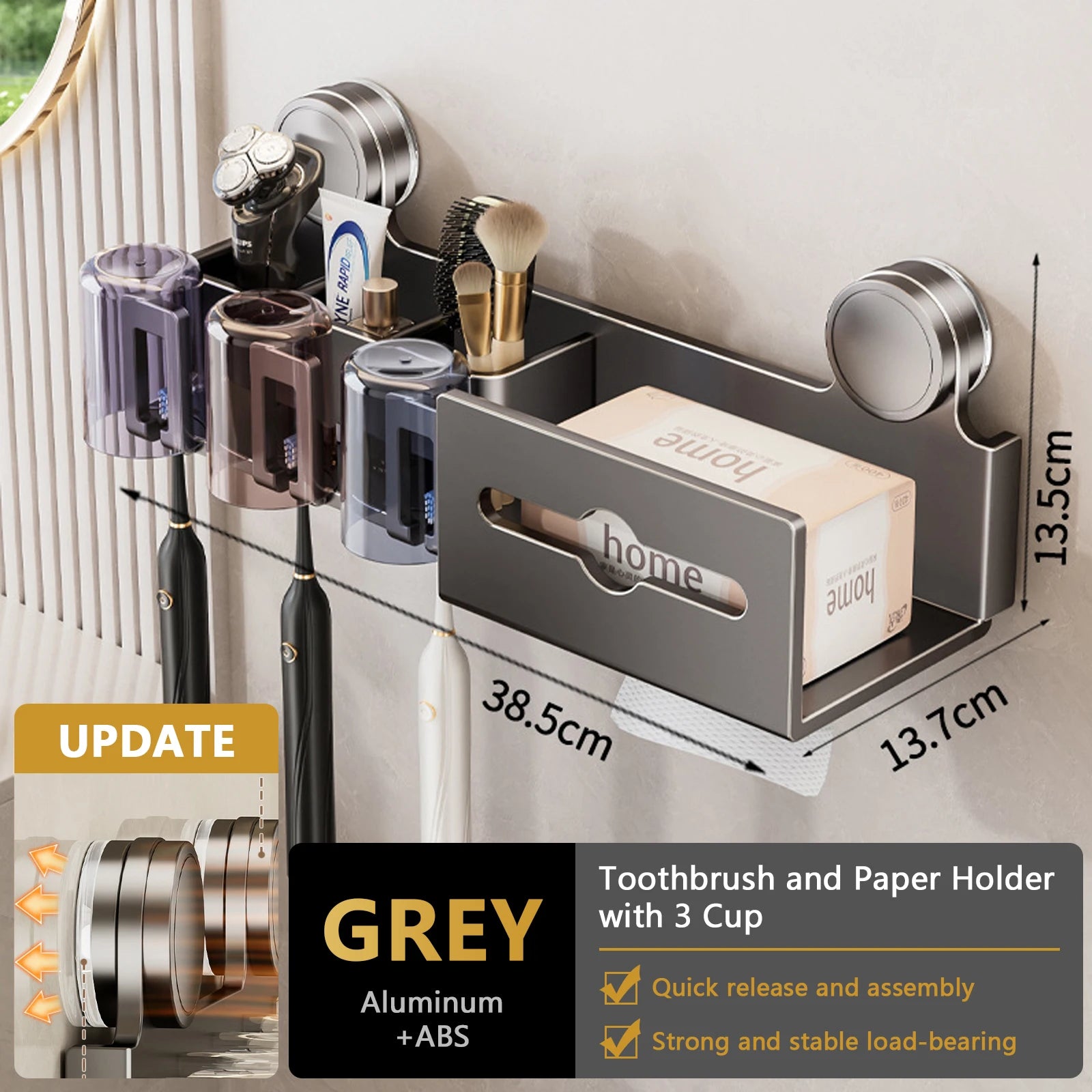 Suction Cup Toothbrush Holder With Paper Towel Holder Bathroom Shelf Mouthwash Cup Toothbrush Holder